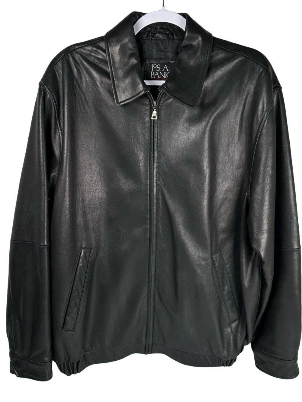 Jos. A. Bank Signature Black Genuine Leather Classic Zip Bomber Jacket Men Large